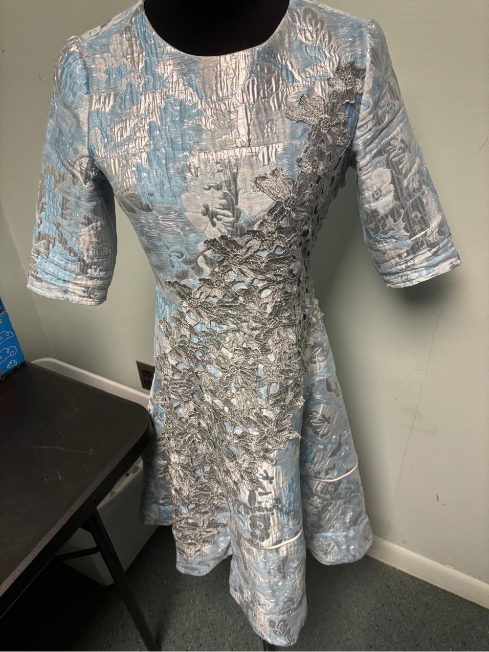 Elegant Light Blue Metallic Lace Appliqué Dress